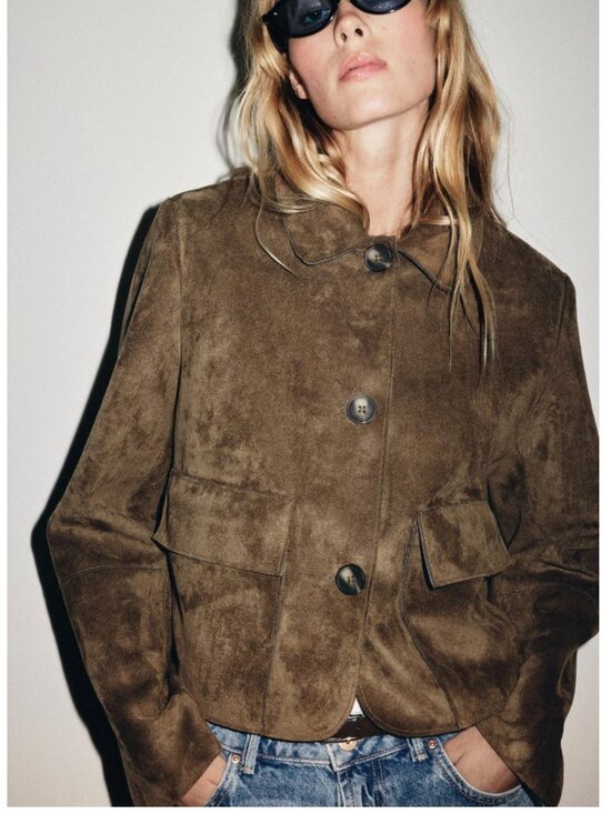Zara Jackets & Blazers - Zara Womens Cropped Faux Suede Jacket S Brown Khaki Button Front 4968/224 NWT